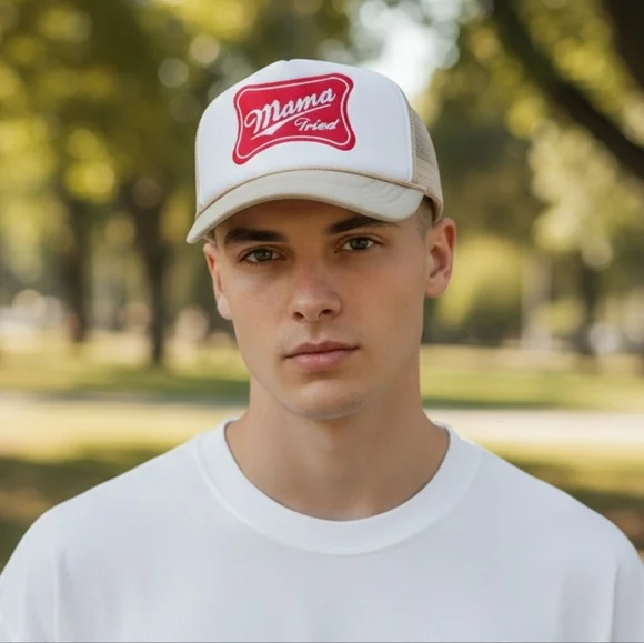 White and Tan Trucker Hat with Mama Tried Red Patch - Picture 4 of 5